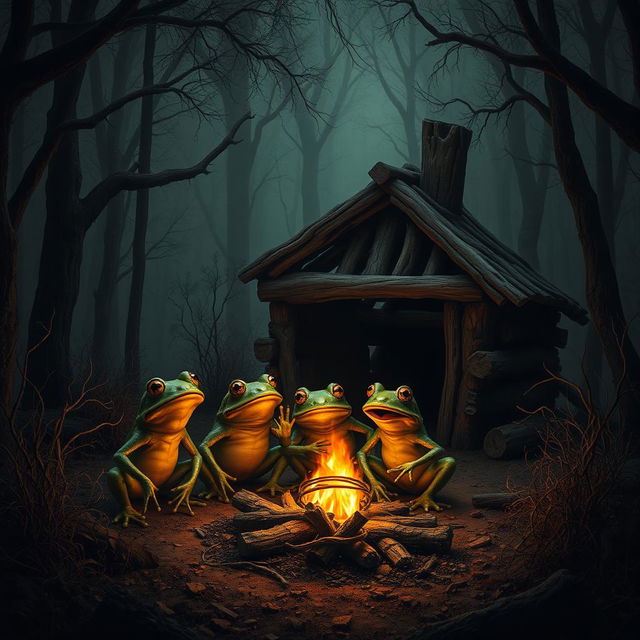 A dark fantasy scene featuring a simple, old, broken down abode constructed from dead logs and surrounded by withered shrubbery, situated deep within a mysterious forest