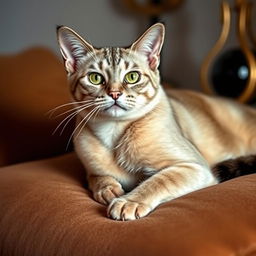 A beautiful, sleek and sexy cat with a shiny fur coat, striking green eyes, and a confident pose