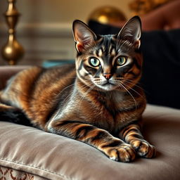 A beautiful, sleek and sexy cat with a shiny fur coat, striking green eyes, and a confident pose