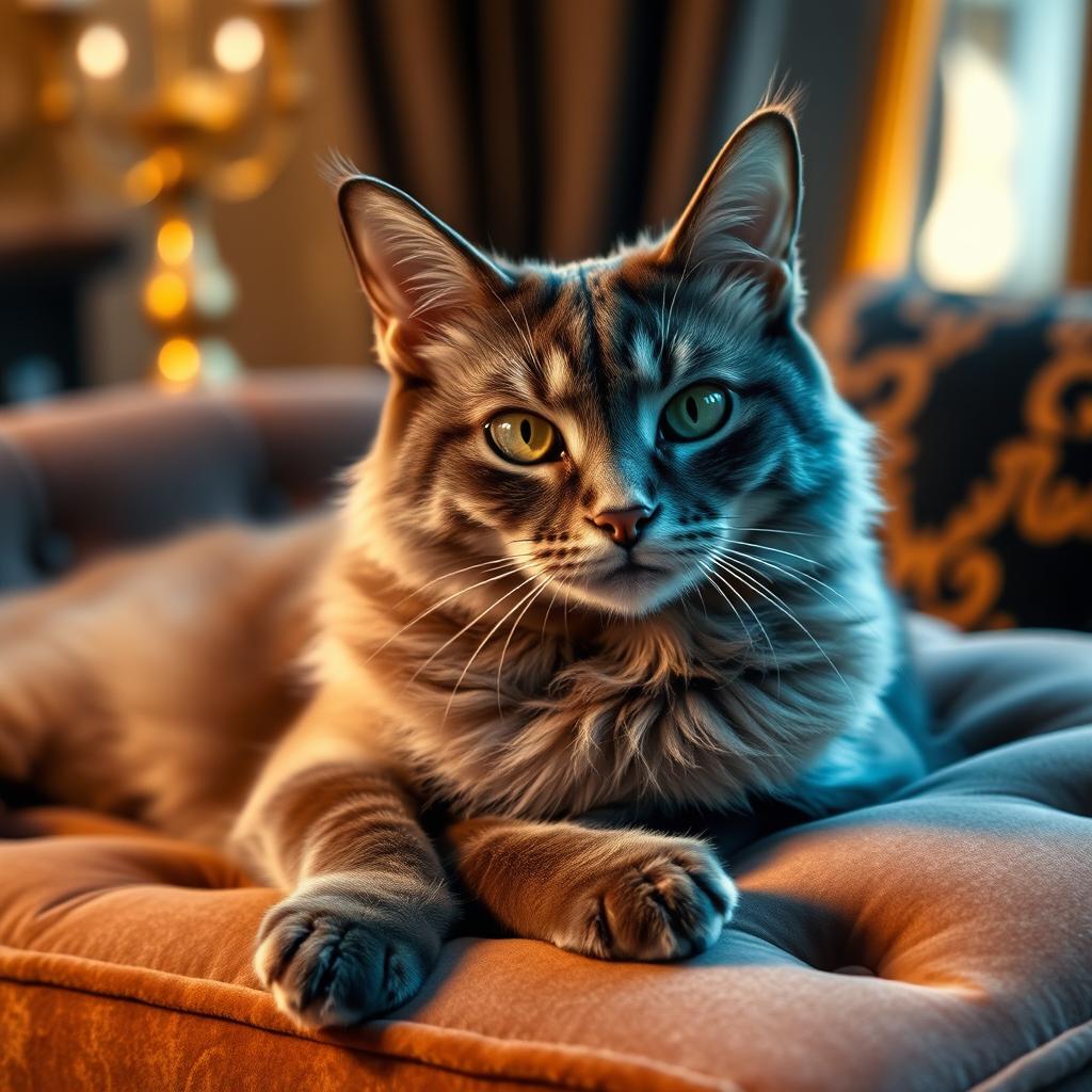 A beautiful, sleek and sexy cat with a shiny fur coat, striking green eyes, and a confident pose