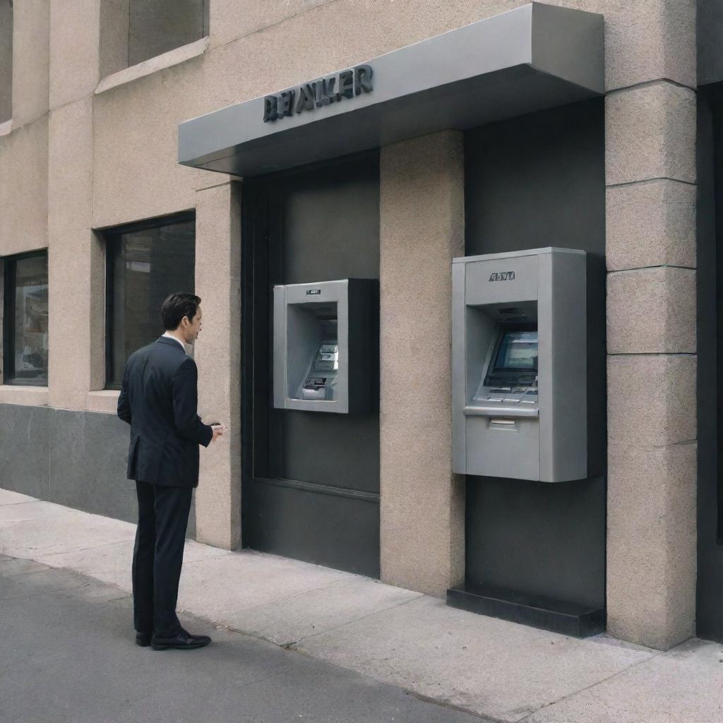 A surreal scenario showing a human figure inexplicably consuming an Automated Teller Machine (ATM), possibly a creative representation of technology consumption or financial indulgence, amidst a nondescript urban backdrop.