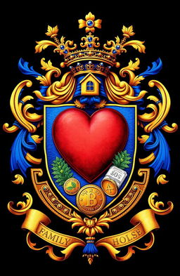 A detailed family crest featuring a heart symbol, a depiction of a house, and representations of money, all intricately designed