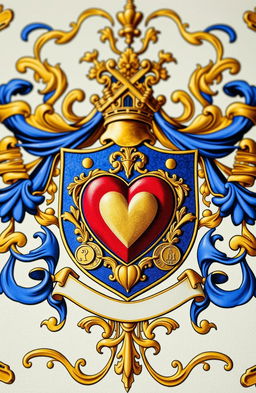 A detailed family crest featuring a heart symbol, a depiction of a house, and representations of money, all intricately designed