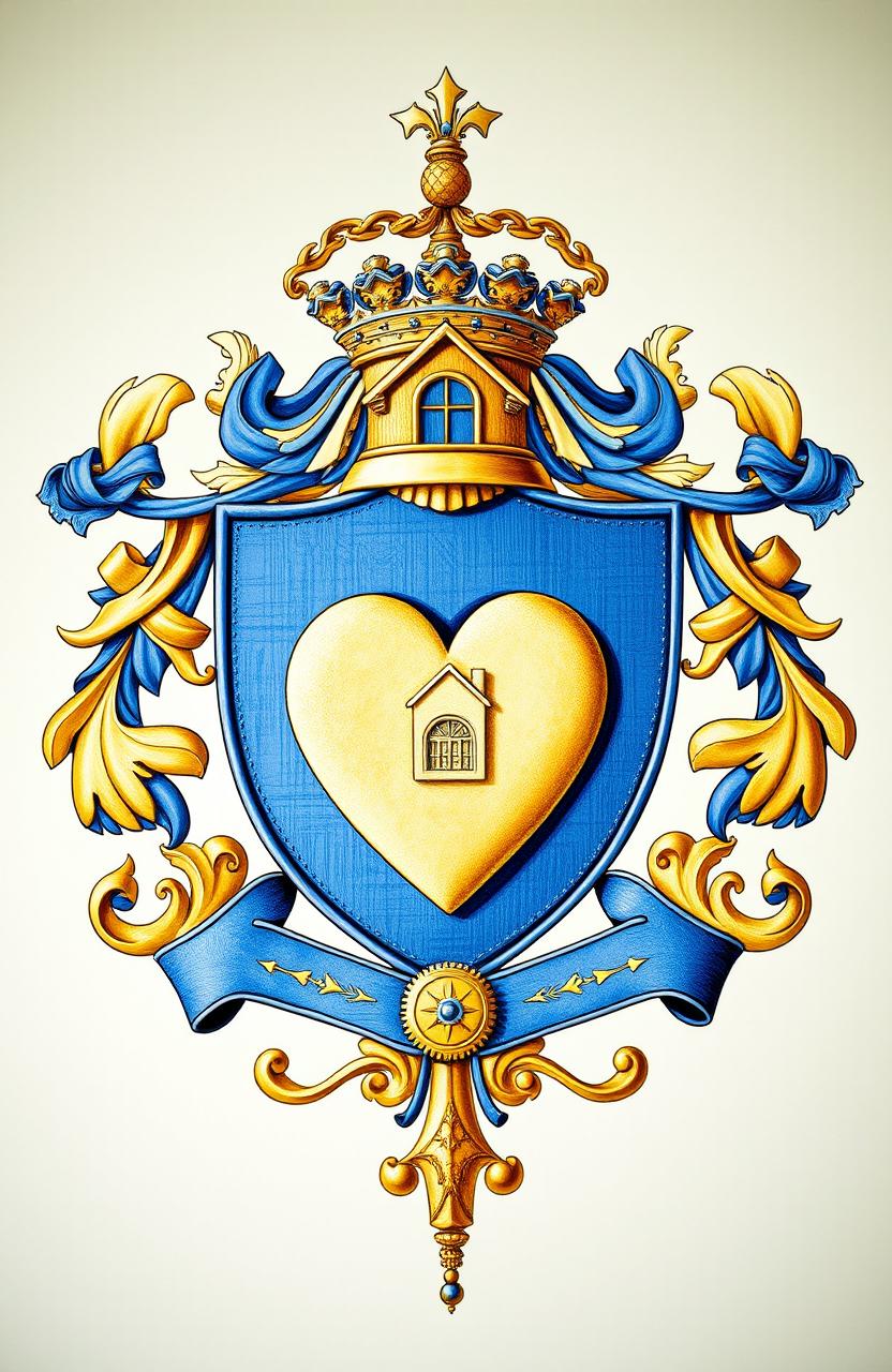 A detailed family crest featuring a heart symbol, a depiction of a house, and representations of money, all intricately designed