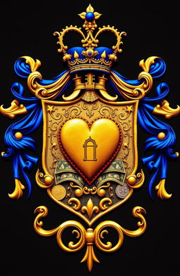 A detailed family crest featuring a heart symbol, a depiction of a house, and representations of money, all intricately designed