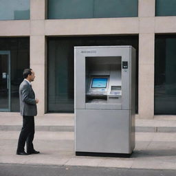 A surreal scenario showing a human figure inexplicably consuming an Automated Teller Machine (ATM), possibly a creative representation of technology consumption or financial indulgence, amidst a nondescript urban backdrop.