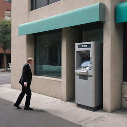 A surreal scenario showing a human figure inexplicably consuming an Automated Teller Machine (ATM), possibly a creative representation of technology consumption or financial indulgence, amidst a nondescript urban backdrop.