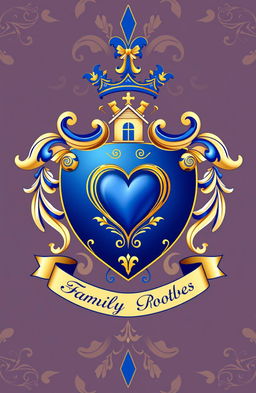 A beautifully designed family crest featuring a heart symbol, a house, and money icons, intricately detailed