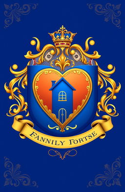 A beautifully designed family crest featuring a heart symbol, a house, and money icons, intricately detailed