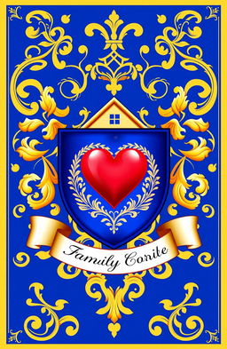 A beautifully designed family crest featuring a heart symbol, a house, and money icons, intricately detailed