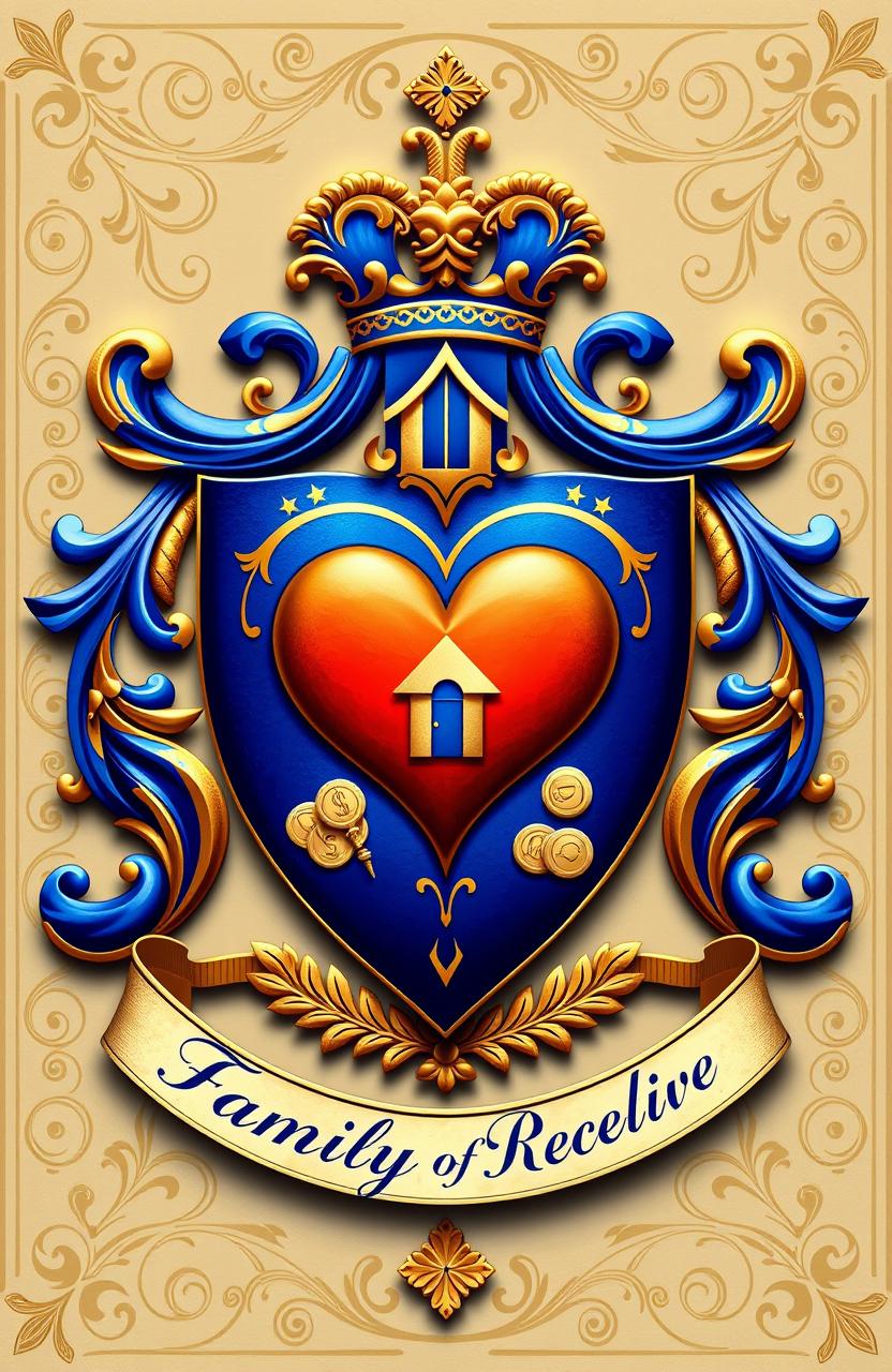 A beautifully designed family crest featuring a heart symbol, a house, and money icons, intricately detailed