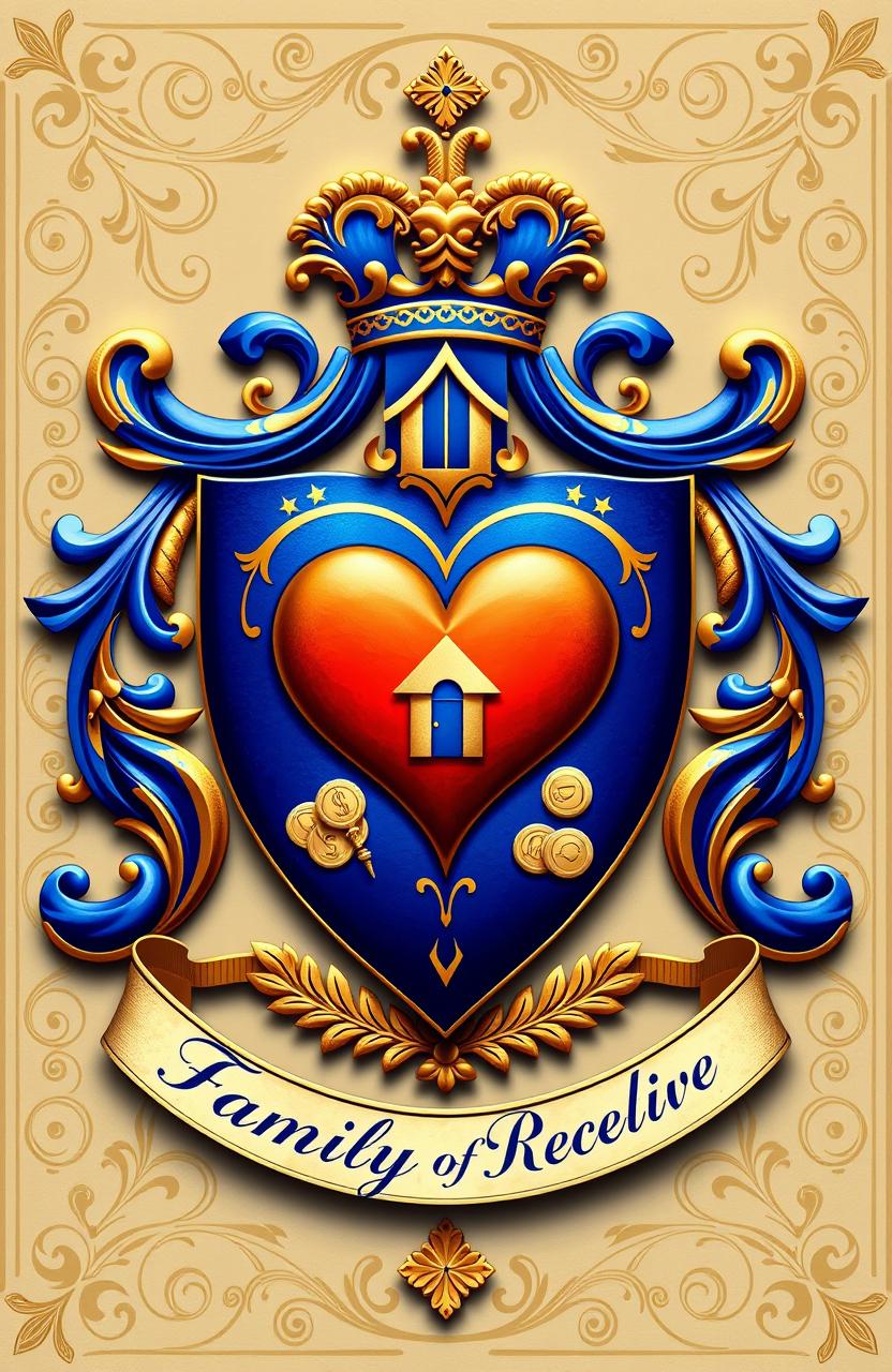 A beautifully designed family crest featuring a heart symbol, a house, and money icons, intricately detailed