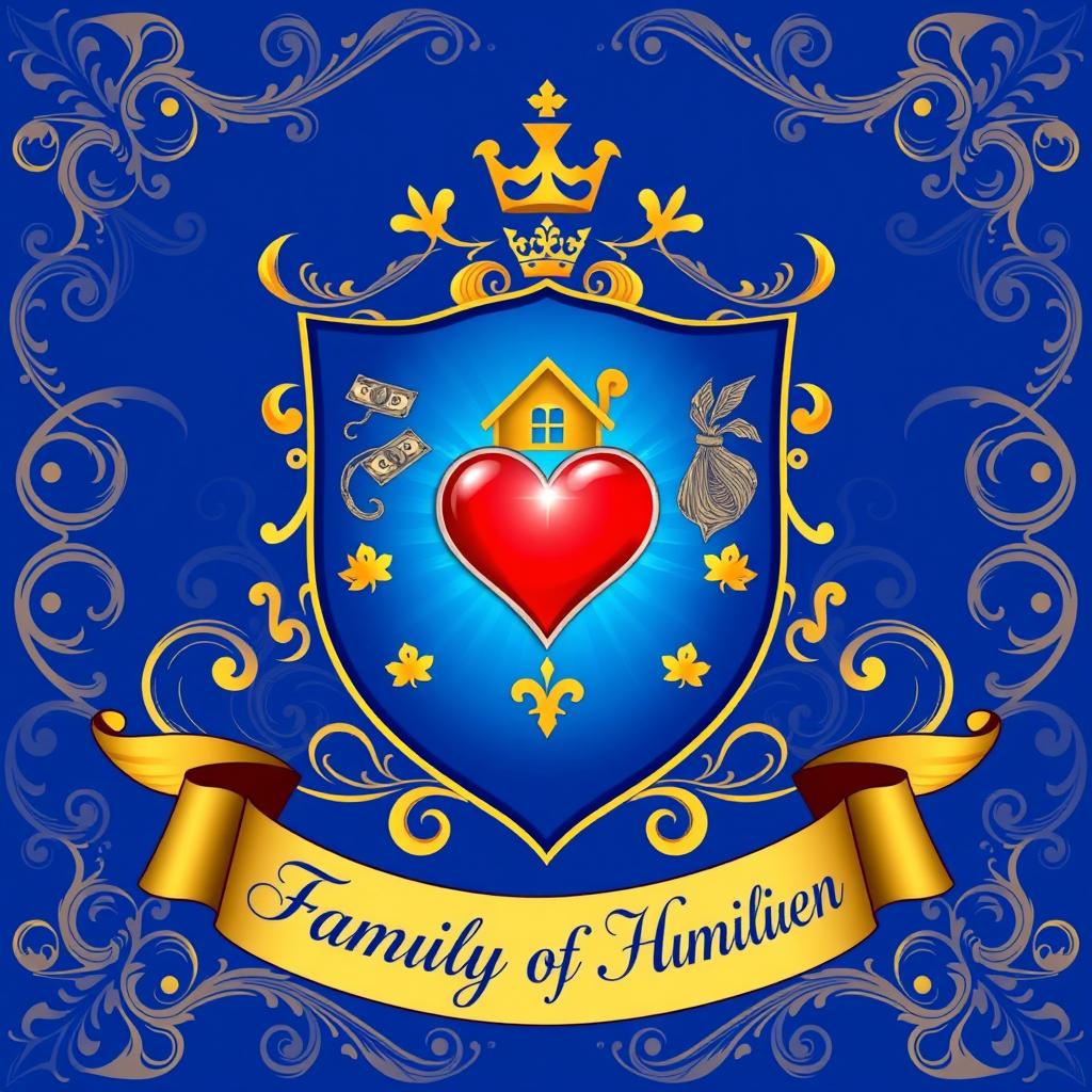 A stunning family crest featuring a heart symbol, a detailed house, and money representations, all harmoniously integrated