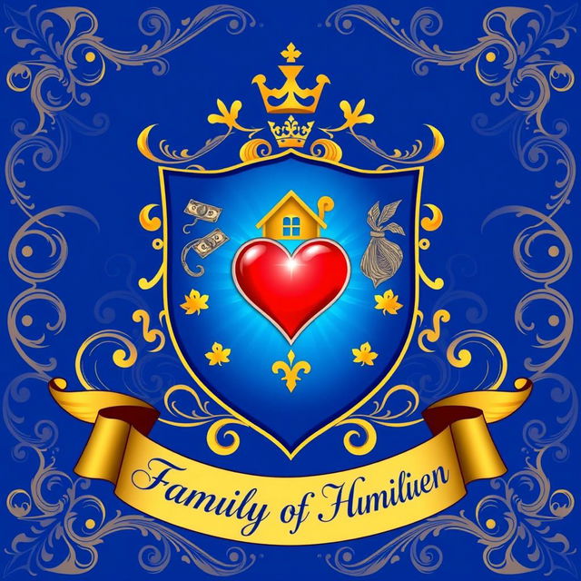 A stunning family crest featuring a heart symbol, a detailed house, and money representations, all harmoniously integrated