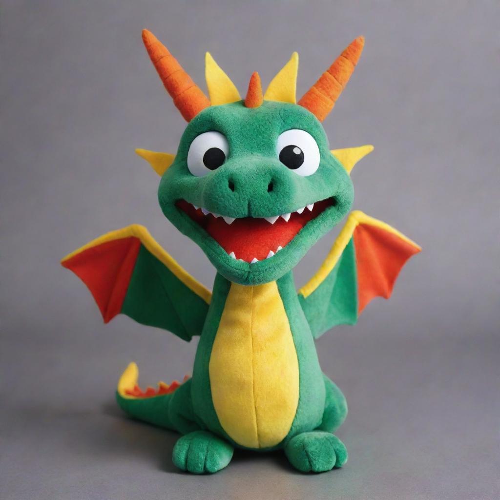 A vibrant and friendly cartoon-style hand puppet shaped like a dragon, complete with scales, small wings, animated eyes and a playful smile.