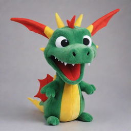 A vibrant and friendly cartoon-style hand puppet shaped like a dragon, complete with scales, small wings, animated eyes and a playful smile.