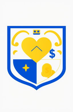 A family crest designed with a heart symbol, a house icon, and representations of money, all in a simple yet elegant style