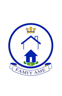 A family crest designed with a heart symbol, a house icon, and representations of money, all in a simple yet elegant style