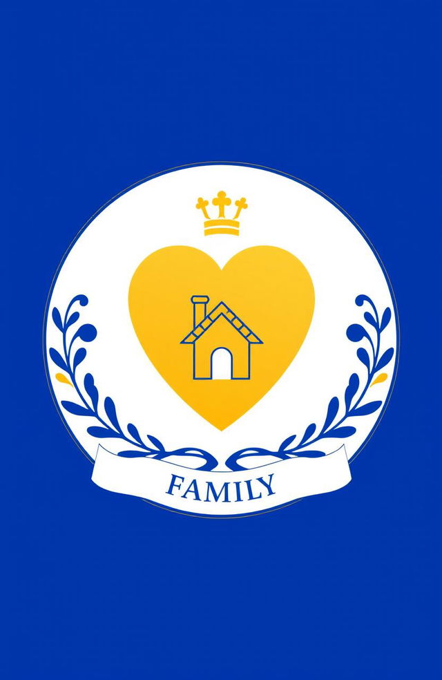 A family crest designed with a heart symbol, a house icon, and representations of money, all in a simple yet elegant style