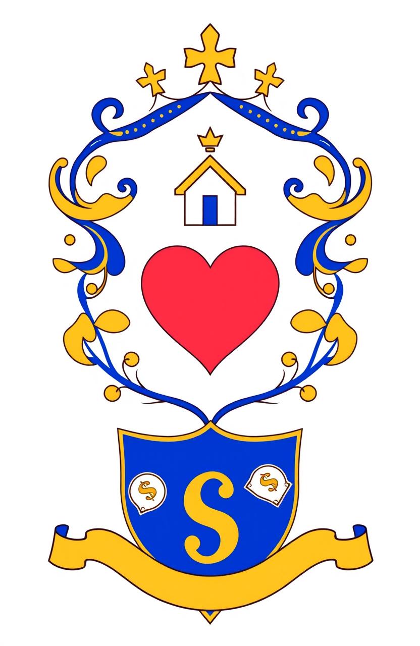 A family crest designed with a heart symbol, a house icon, and representations of money, all in a simple yet elegant style