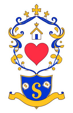 A family crest designed with a heart symbol, a house icon, and representations of money, all in a simple yet elegant style