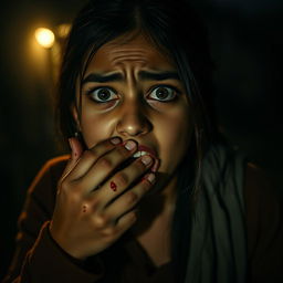 A cinematic night scene set in a mysterious atmosphere, featuring a teenage girl of British-Pakistani descent, who appears terrified