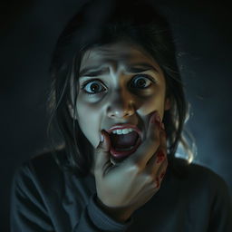 A cinematic night scene set in a mysterious atmosphere, featuring a teenage girl of British-Pakistani descent, who appears terrified