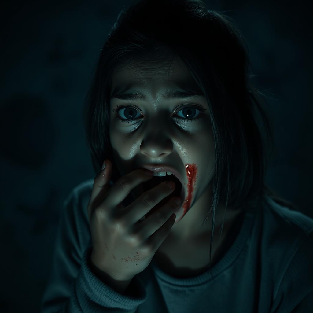 A cinematic night scene set in a mysterious atmosphere, featuring a teenage girl of British-Pakistani descent, who appears terrified