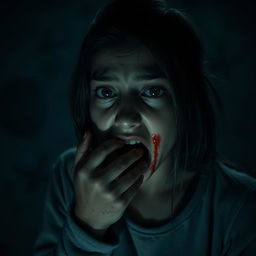 A cinematic night scene set in a mysterious atmosphere, featuring a teenage girl of British-Pakistani descent, who appears terrified