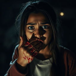 A cinematic night scene set in a mysterious atmosphere, featuring a teenage girl of British-Pakistani descent, who appears terrified