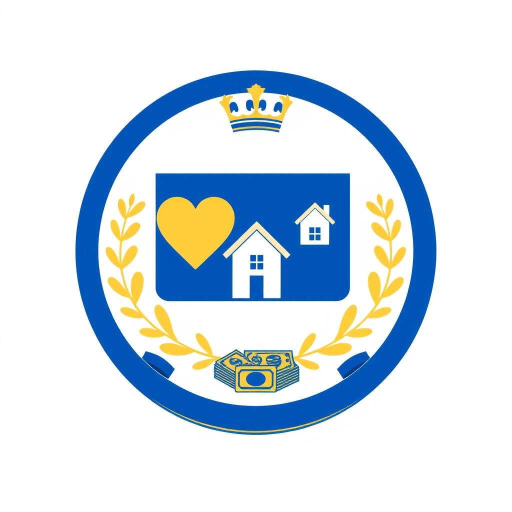 A family crest featuring a heart symbol, a house icon, and representations of money, designed in a simple and elegant style