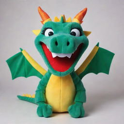 A vibrant and friendly cartoon-style hand puppet shaped like a dragon, complete with scales, small wings, animated eyes and a playful smile.