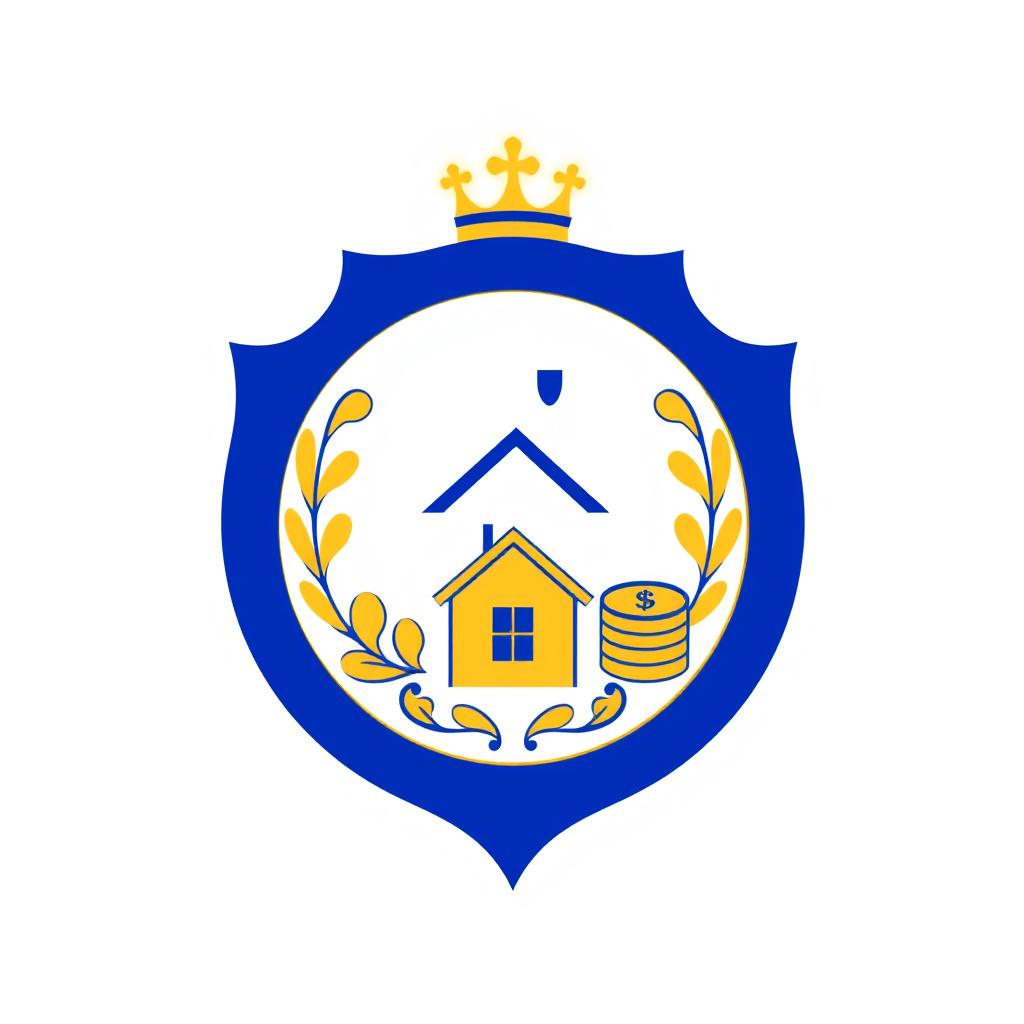 A family crest featuring a heart symbol, a house icon, and representations of money, designed in a simple and elegant style