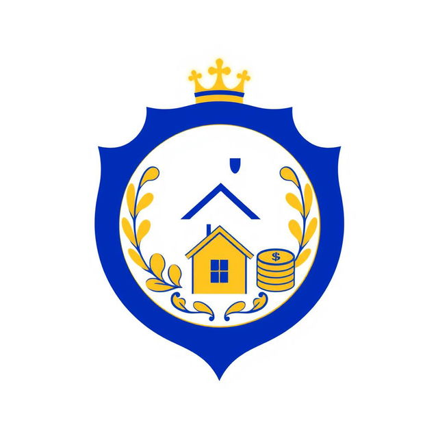 A family crest featuring a heart symbol, a house icon, and representations of money, designed in a simple and elegant style