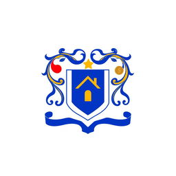 A family crest featuring a heart symbol, a house icon, and representations of money, designed in a simple and elegant style