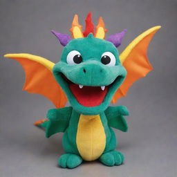 A vibrant and friendly cartoon-style hand puppet shaped like a dragon, complete with scales, small wings, animated eyes and a playful smile.