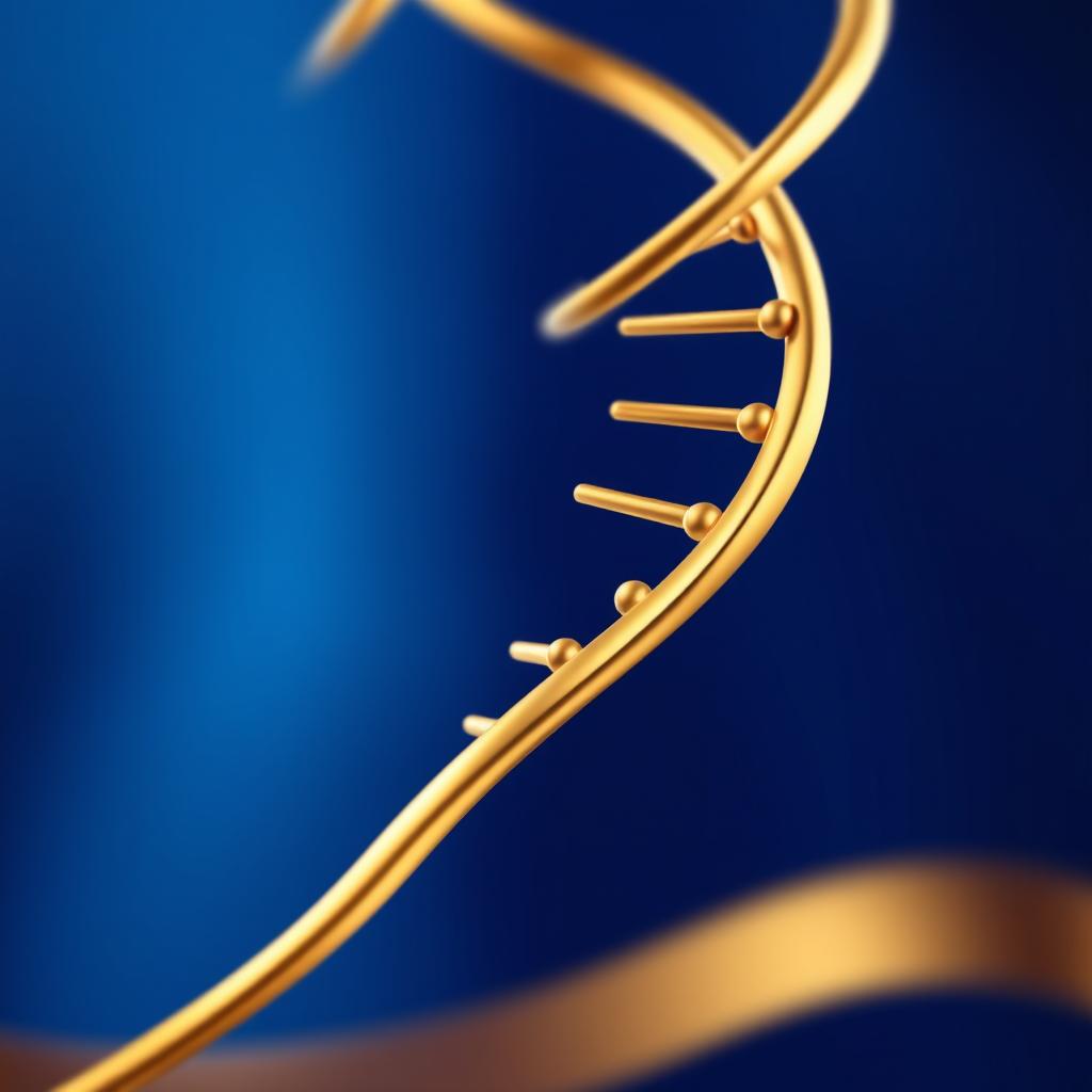 A visually striking representation of a DNA strand symbolizing family inheritance, designed in an elegant style using gold and royal blue colors