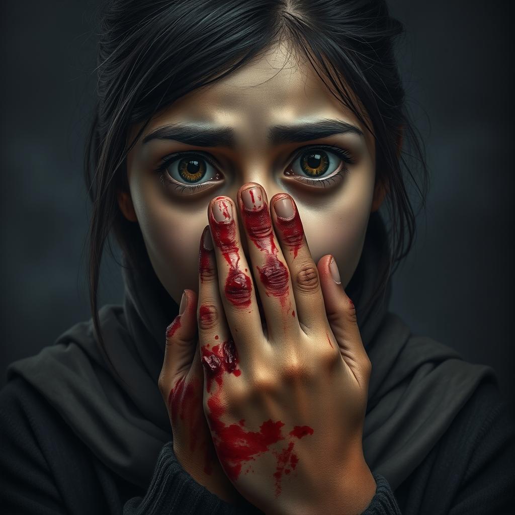 A realistic depiction of a British-Pakistani teenage girl, around 15 years old, showing a terrified expression