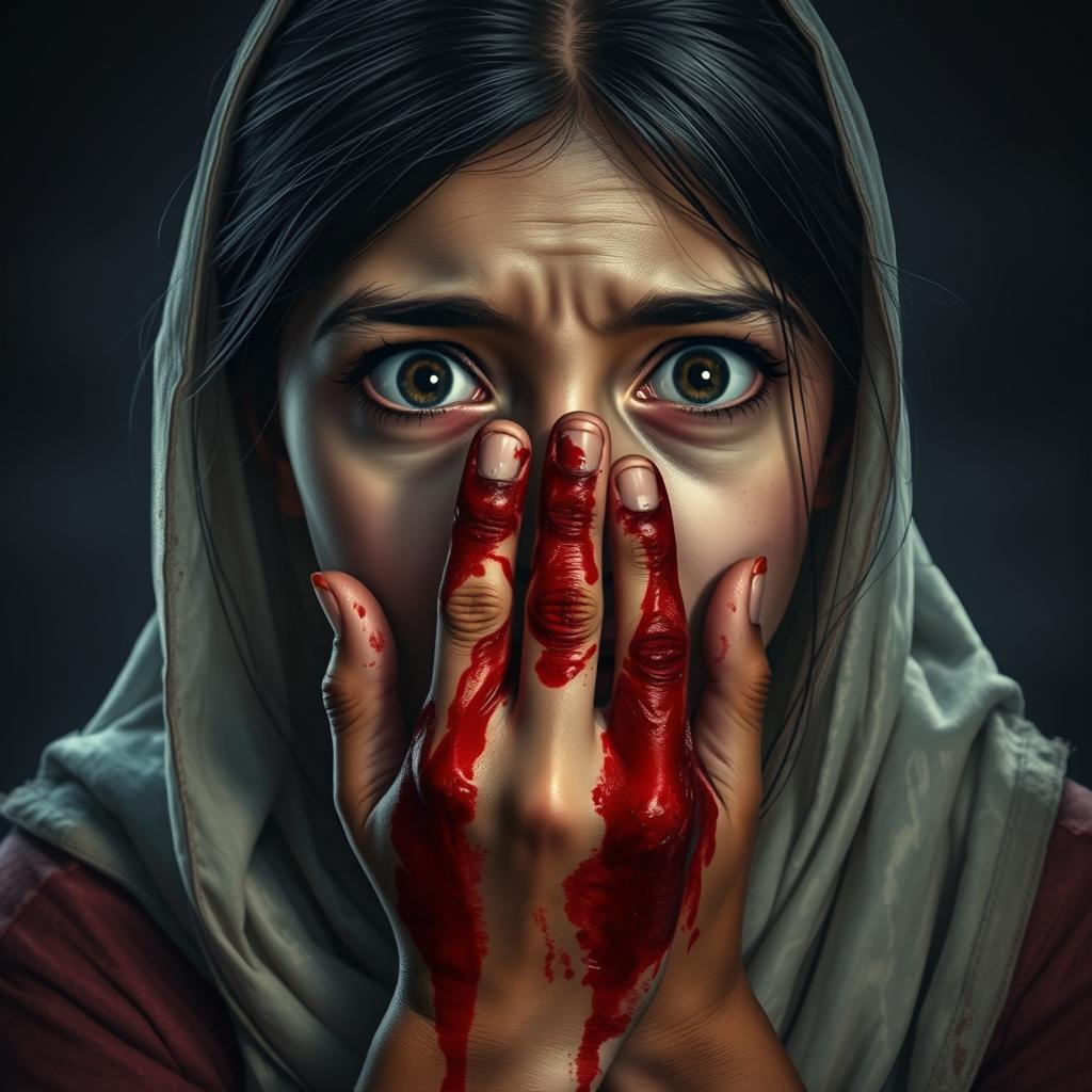 A realistic depiction of a British-Pakistani teenage girl, around 15 years old, showing a terrified expression