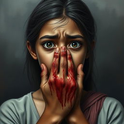 A realistic depiction of a British-Pakistani teenage girl, around 15 years old, showing a terrified expression