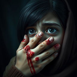 A realistic depiction of a British-Pakistani teenage girl, around 15 years old, showing a terrified expression