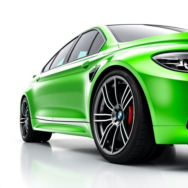 A stunning BMW M3 G80 in a vibrant green color, showcased against a clean white background