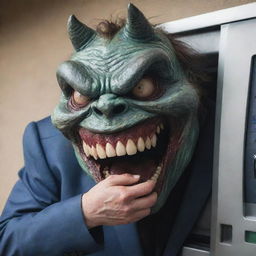 A grotesque monster with menacing features and jagged teeth, ravenously devouring an Automated Teller Machine (ATM) in an unmistakably aggressive gesture, symbolically reflecting on the monster that is hyper-consumerism.