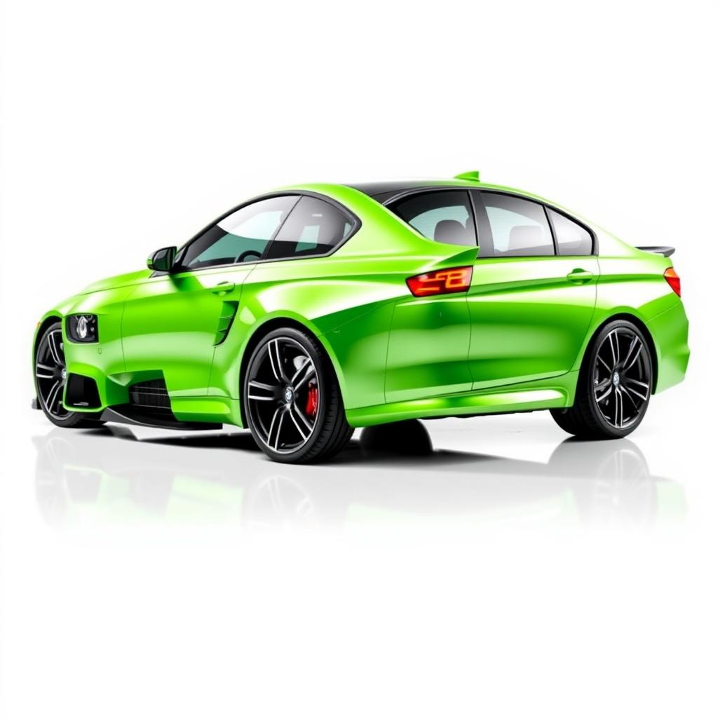 A stunning BMW M3 G80 in a vibrant green color, showcased against a clean white background