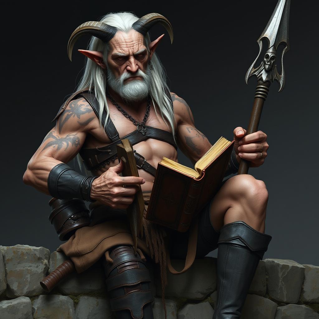 An old, tall warlock with cadaveric skin, shirtless and muscular, displaying numerous scars and tattoos