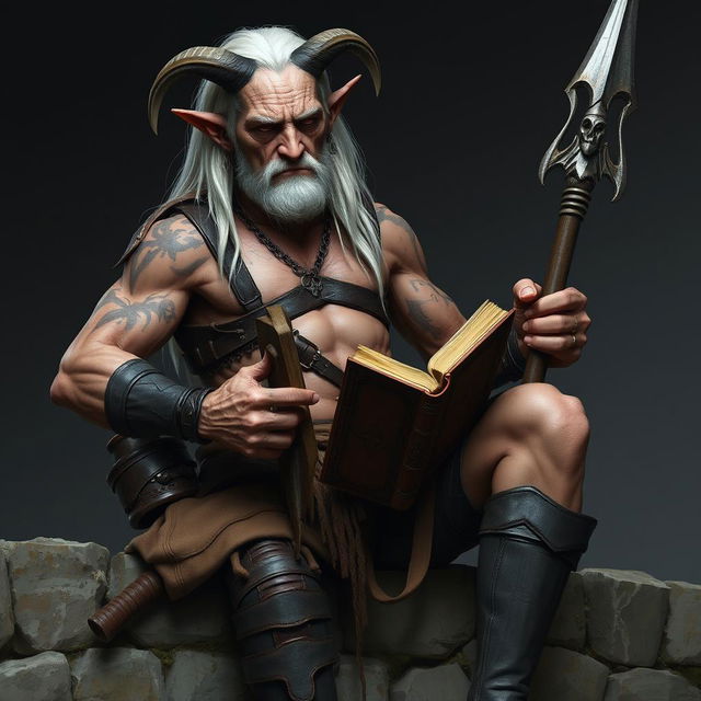 An old, tall warlock with cadaveric skin, shirtless and muscular, displaying numerous scars and tattoos