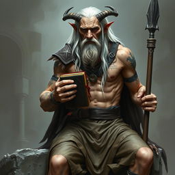 An old, tall warlock with cadaveric skin, shirtless and muscular, displaying numerous scars and tattoos