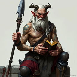 An old, tall warlock with cadaveric skin, shirtless and muscular, displaying numerous scars and tattoos