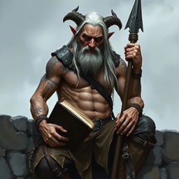 An old, tall warlock with cadaveric skin, shirtless and muscular, displaying numerous scars and tattoos