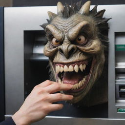 A grotesque monster with menacing features and jagged teeth, ravenously devouring an Automated Teller Machine (ATM) in an unmistakably aggressive gesture, symbolically reflecting on the monster that is hyper-consumerism.